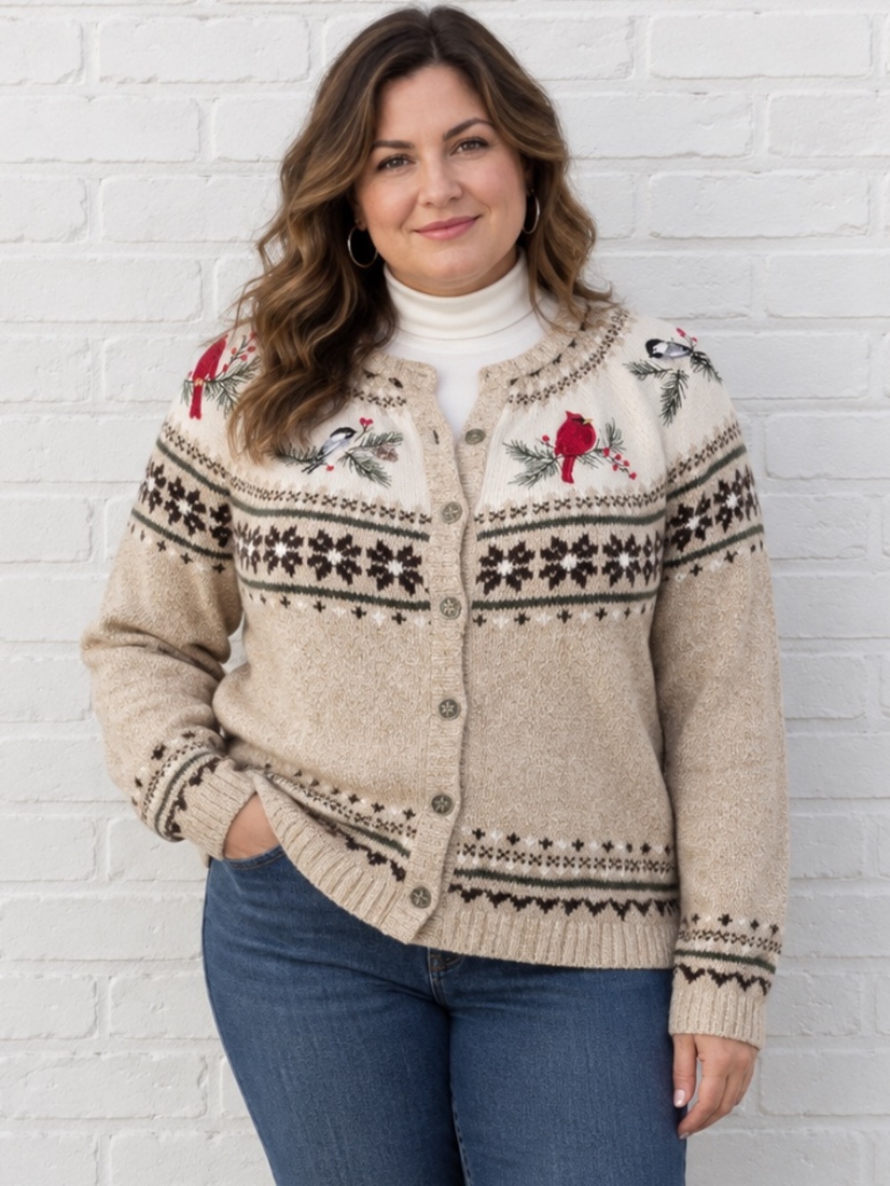 Vtg Northern Reflections Fair Isle Cardigan Embroidered Birds & Snowflake Button